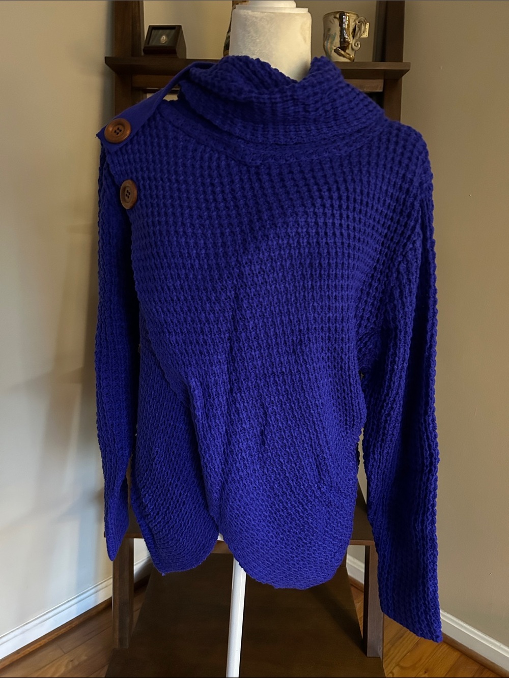 Zenana Outfitters Royal Blue Button-Shoulder Cowl Sweater